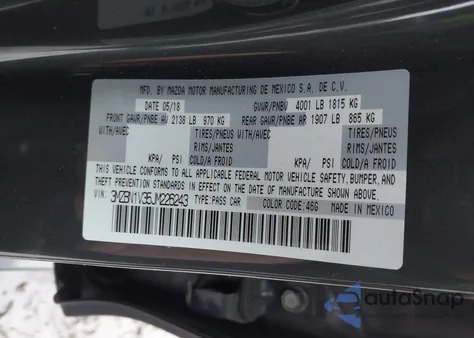 2018 Mazda Mazda3 Touring из США, поврежденный, VIN 3MZBN1V35JM226243